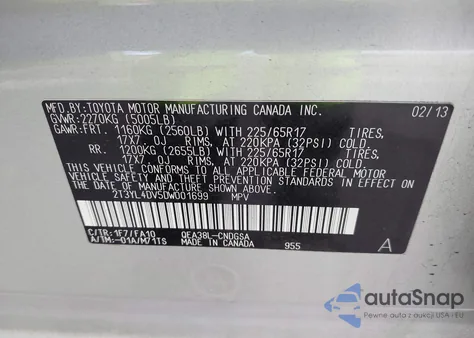 2013 Toyota Rav4 Ev z USA, uszkodzony, nr VIN 2T3YL4DV5DW001699